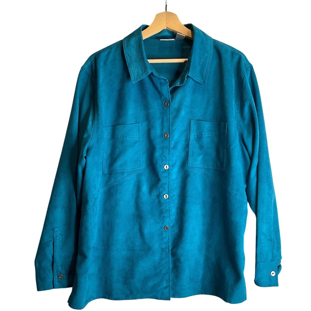 Chico's Tunic Faux Suede Button Up Shirt Teal Long Sleeve Career Holiday 3/XL/16